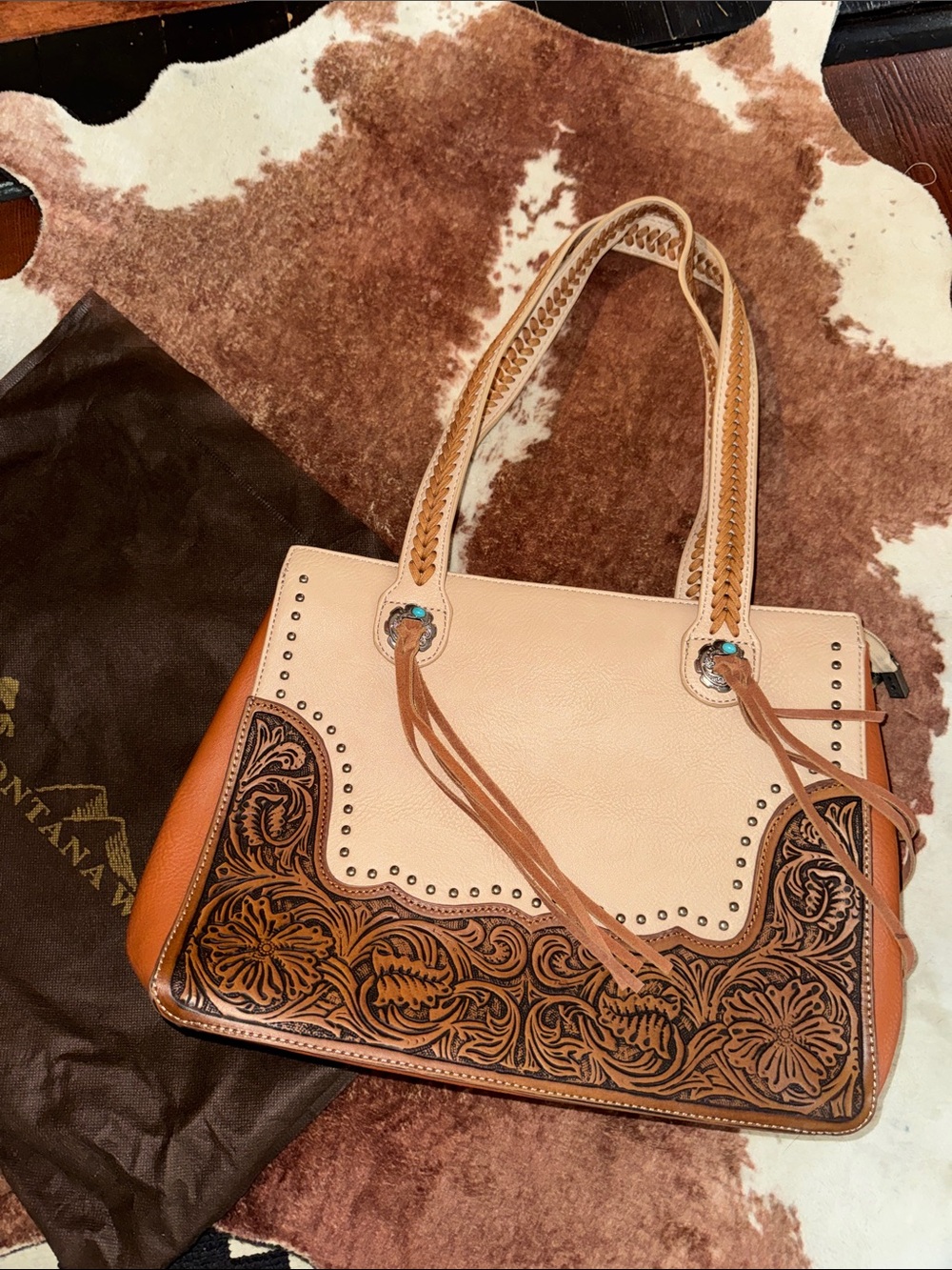 Montana West Cream & Brown Tooled Leather Shoulder Tote with Tassels